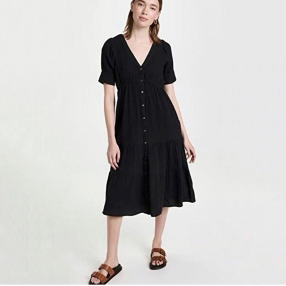 Madewell Lightspun Button Front Tiered Midi Dress Cotton Gauze Black Size 4